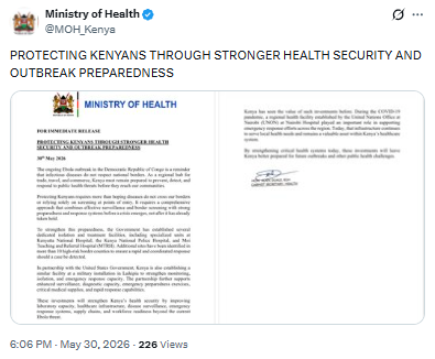 Statement on Ebola preparedness. PHOTO/Screengrab by People Daily Digital/@MOH_Kenya/X
