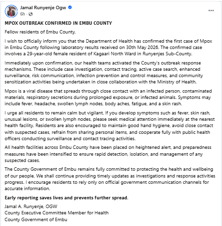 Statement on Mpox. PHOTO/Screengrab by People Daily Digital/Jamal Runyenje Ogw/Facebook