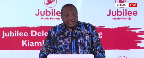 Retired President Uhuru Kenyatta addressing Jubilee Party delegates at a meeting in Kiambu on Monday, May 24, 2026. PHOTO/A screengrab by People Daily Digital from a live stream by https://www.facebook.com/K24TVNews/FACEBOOK