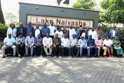 A section of leaders from Western Kenya pose for a photo after a high-level consultative forum in Naivasha on Sunday, May 24, 2026. PHOTO/@DrOparanya/X