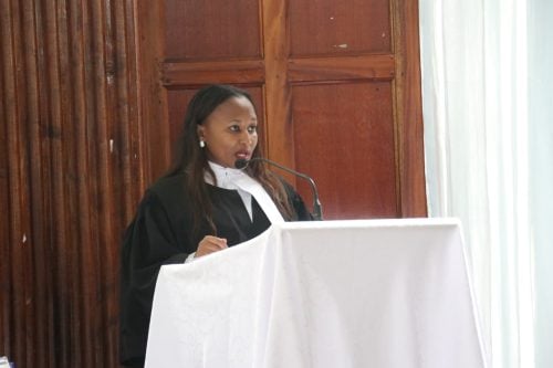 Rigathi Gachagua's lawyer Njeri Maina submitting before justices Freda Mugambi, Eric Ogola, and Antony Murima hearing former deputy president Rigathi Gachagua on May 7, 2026. PHOTO/Zipporah Ngwatu