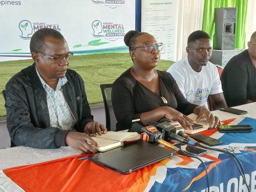 Stakeholders led by Kisumu County Mental Health Coordinator Raphael Ombura during a press briefing ahead of the mental wellness walk and expo. Photo//Viola Kosome