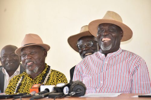 Luo Council of Elders chairman Odungi Randa addresses the media alongside fellow elders as he calls for unity among Luo leaders following the death of Raila Odinga.Photo//Viola Kosome