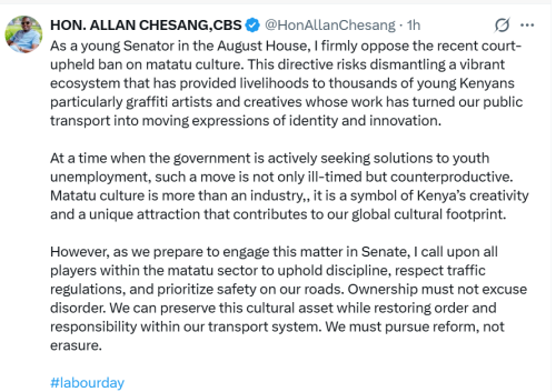Trans Nzoia Senator Allan Chesang X post on May 1, 2026. PHOTO/Screengrab by People Daily Digital/@HonAllanChesang/X