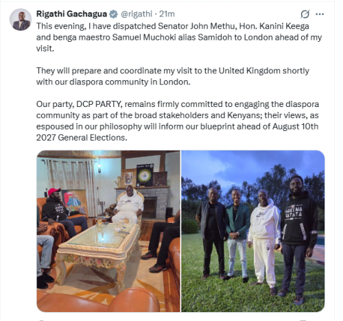 Former Deputy President Rigathi Gachagua's X post on Thursday, May 7, 2026. PHOTO/Screengrab by People Daily Digital/@rigathi/X