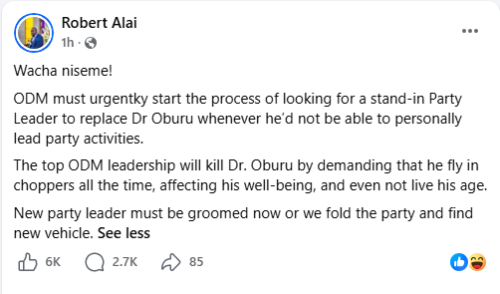 Kileleshwa MCA Robert Alai's post on Friday, May 8, 2026. PHOTO/Screengrab by People Daily Digital/https://www.facebook.com/robertalai/FB