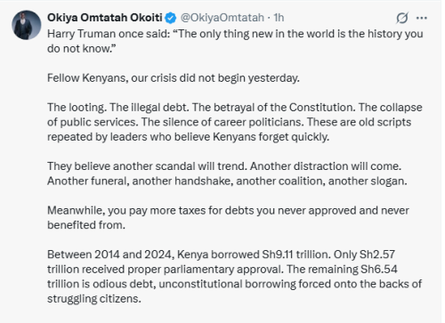 Busia Senator Okiya Omtatah's X post on May 8, 2026. PHOTO/Screengrab by People Daily DIgital/@OkiyaOmtatah/X