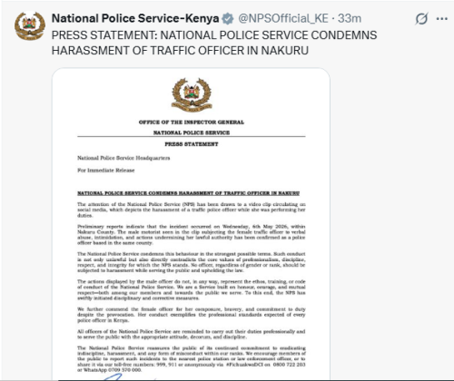 The National Police Service (NPS) statement on Friday, May 8, 2026. PHOTO/Screengrab by People Daily Digital/@NPSOfficial_KE/X