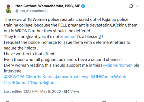 Githunguri Member of Parliament (MP) Gathoni Wamuchomba's X post on Friday May 8, 2026. PHOTO/Screengrab by People Daily Digital/@hon_wamuchomba/X