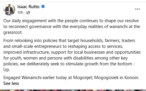 Former Bomet Governor Isaac Rutto's Facebook post on May 9, 2026. PHOTO/Screengrab by People Daily Digital/https://web.facebook.com/IsaacRuttoGov/FB