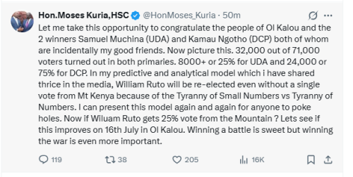 Former Cabinet Secretary Moses Kuria X post on Sunday, May 10, 2026. PHOTO/Screengrab by People Daily Digital/@HonMoses_Kuria/X