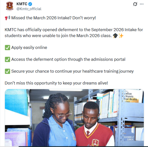 The Kenya Medical Training College (KMTC) public notice on May 12, 2026. PHOTO/Screengrab by People Daily Digital/@Kmtc_official/X