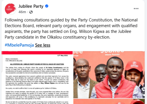 Jubilee Party statement on Tuesday, May 12, 2026. PHOTO/Screengrab by People Daily Digital/https://www.facebook.com/TheJubileeParty/Facebook