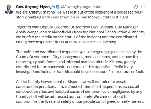 Kisumu Governor Anyang' Nyong'o X post on Tuesday, May 12, 2026. PHOTO/Screengrab by People Daily Digital/@AnyangNyongo/X