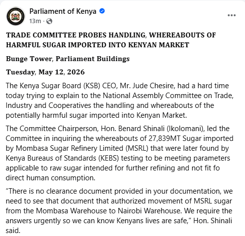 Statement by the Parliament of Kenya on May 12, 2026. PHOTO/Screengrab by People Daily Digital/https://www.facebook.com/ParliamentKE/Facebook
