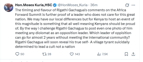 Former Cabinet Secretary Moses Kuria's X post on May 13, 2026. PHOTO/Screengrab by People Daily Digital/@HonMoses_Kuria/X