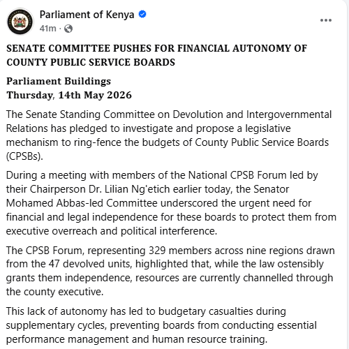 Statement by the Parliament of Kenya on May 14, 2026. PHOTO/Screengrab by People Daily Digital/https://www.facebook.com/ParliamentKE/Facebook