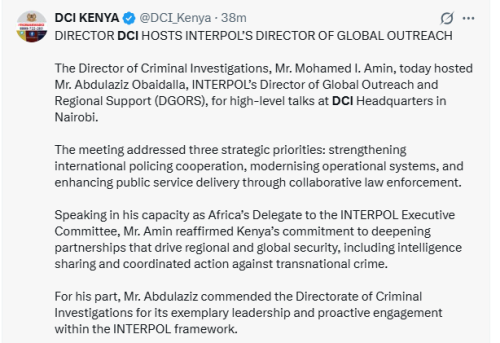 Statement by the Directorate of Criminal Investigations on May 14, 2026. PHOTO/Screengrab by People Daily Digital/@DCI_Kenya/X