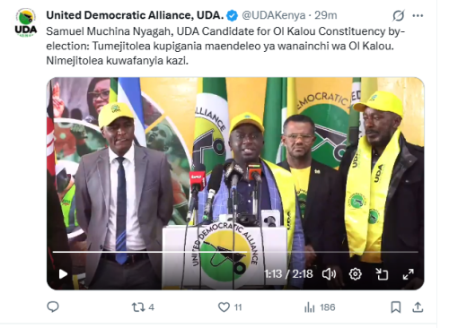 United Democratic Alliance (UDA) candidate for the Ol Kalou Constituency by-election, Samuel Muchina Nyagah, speaking on May 14, 2026. PHOTO/Screengrab by People Daily Digital/@UDAKenya/X