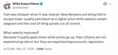 Safina Party Deputy Party Leader Willis Otieno's X post on May 15, 2026. PHOTO/Screengrab by People Daily Digital/@otienowill/X