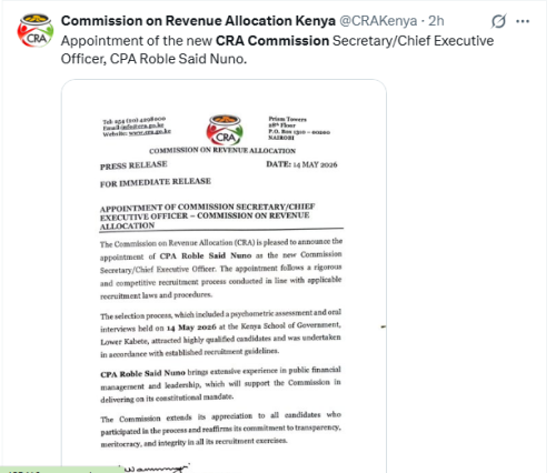 the Commission on Revenue Allocation (CRA) X statement on May 15, 2026. PHOTO/Screengrab by People Daily Digital/@CRAKenya/X