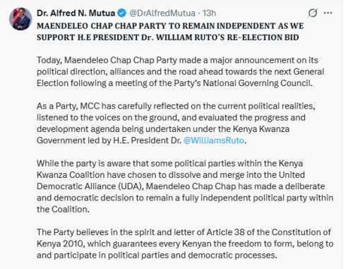 Alfred Mutua's post on May 14, 2026. PHOTO/Screengrab by People Daily Digital/@DrAlfredMutua/X