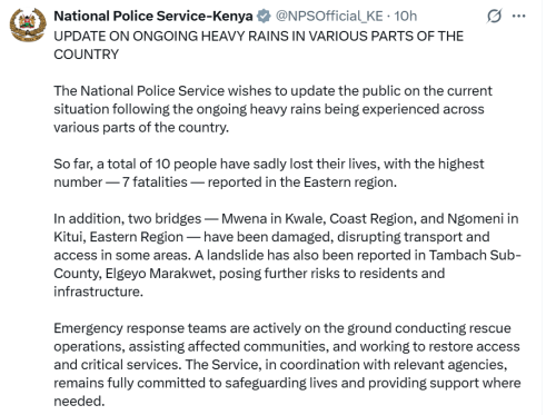NPS statement on May 1, 2026. PHOTO/Screengrab by People Daily Digital/@NPSOfficial_KE/X