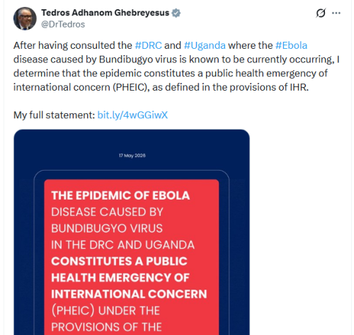 WHO director general Dr Tedros Adhanom Ghebreyesus X post on May 17, 2026. PHOTO/Screengrab by People Daily Digital/@DrTedros/X