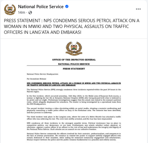 The National Police Service (NPS) statement condemning the incident on Sunday, May 17, 2026. PHOTO/Screengrab by People Daily Digital/https://web.facebook.com/nationalpoliceke/Facebook