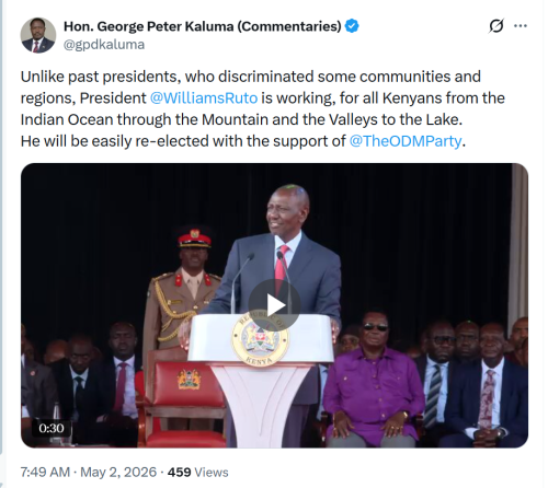 Homa Bay Town MP Peter Kaluma's X post on May 2, 2026. PHOTO/Screengrab by People Daily Digital/@gpdkaluma/X

