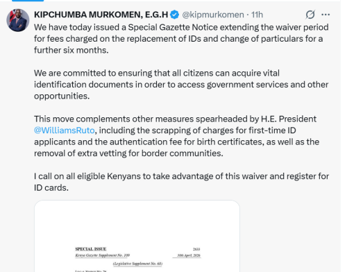 Kipchumba Murkomen X post on Friday, April 1, 2026. PHOTO/Screengrab by People Daily Digital/@kipmurkomen/X