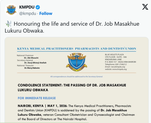 KMPDU condolence statement on May 1, 2026. PHOTO/Screengrab by People Daily Digital/@kmpdu/X