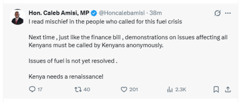 Saboti Member of Parliament Caleb Amisi's X statement on Tuesday, May 19, 2026. PHOTO/Screengrab by People Daily Digital/@Honcalebamisi/X