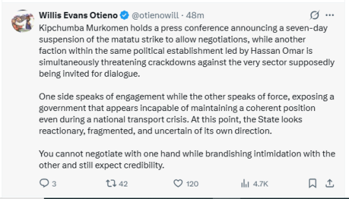 Safina Party Deputy Party Leader Willis Otieno's statement on Tuesday, May 19, 2026. PHOTO/Screengrab by People Daily Digital/@otienowill/X
