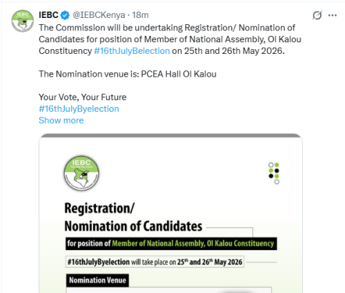 The Independent Electoral and Boundaries Commission (IEBC) announcement on Tuesday, May 19, 2026. PHOTO/Screengrab by People Daily Digital/@IEBCKenya/X