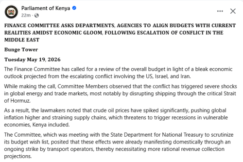 A statement by the Parliament of Kenya on Tuesday, May 19, 2026. PHOTO/Screengrab by People Daily Digital/https://web.facebook.com/ParliamentKE/Facebook