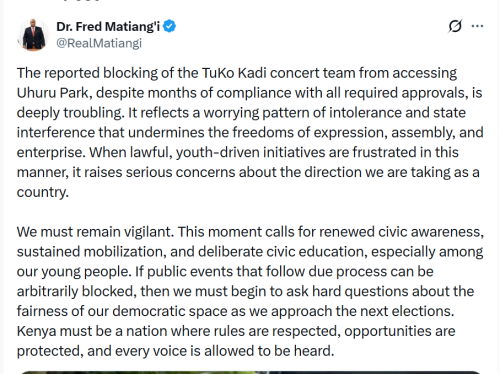 Former Interior Cabinet Secretary Fred Matiang’i X post on Saturday, May 2, 2026. PHOTO/Screengrab by People Daily Digital/@RealMatiangi/X