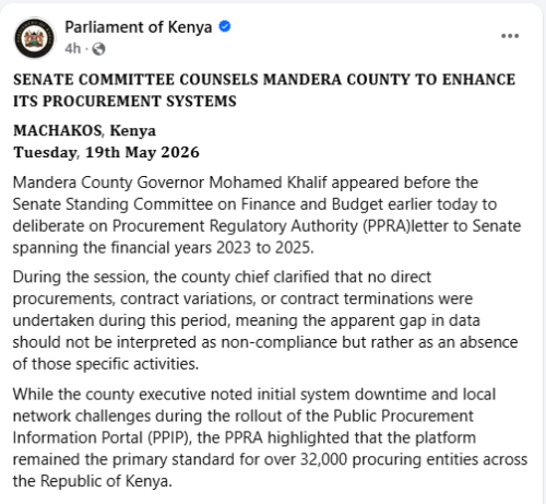 A statement by the Parliament of Kenya on May 19, 2026. PHOTO/Screengrab by People Daily Digital/https://web.facebook.com/ParliamentKE/Facebook