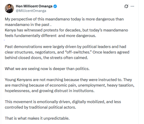 Former nominated senator Millicent Omanga's X post on Tuesday, May 19, 2026. PHOTO/Screengrab by People Daily Digital/@MillicentOmanga/X