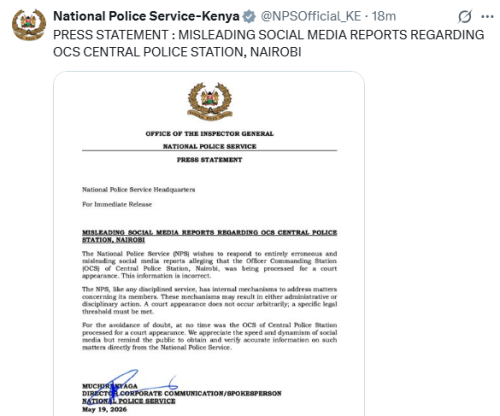 The National Police Service (NPS) statement on Tuesday, May 19, 2026. PHOTO/Screengrab by People Daily Digital/@NPSOfficial_KE/X