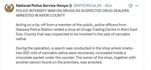 A statement by the National Police Service on Wednesday, May 20, 2026. PHOTO/Screengrab by People Daily Digital/@NPSOfficial_KE/X