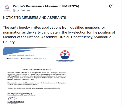 The People’s Renaissance Movement statement on May 2, 2026. PHOTO/Screengrab by People Daily Digital/@_pmkenya