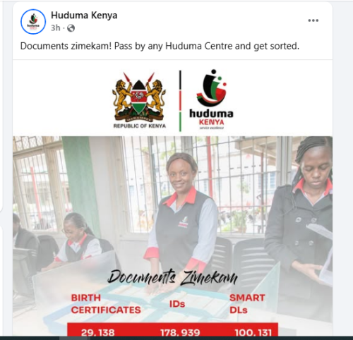 A statement by the Huduma Kenya on Thursday, May 21, 2026. PHOTO/Screengrab by People Daily Digital/https://web.facebook.com/HudumaCentre/Facebook
