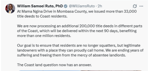 President William Ruto's X post on Thursday, May 21, 2026. PHOTO/Screengrab by People Daily Digital/@WilliamsRuto/X