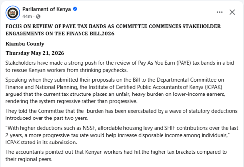 Statement by the Parliament of Kenya on Thursday, May 21, 2026. PHOTO/Screengrab by People Daily Digital/https://web.facebook.com/ParliamentKE/Facebook