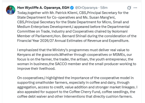 Cabinet Secretary for Co-operatives and Micro, Small and Medium Enterprises (MSMEs) Development, Wycliffe Oparanya's X post on Thursday, May 21, 2026. PHOTO/Screengrab by People Daily Digital/@DrOparanya/X