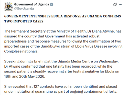 Statement by the government of Uganda on Thursday, May 21, 2026. PHOTO/Screengrab by People Daily Digital/@GovUganda/X
