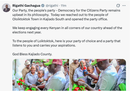 Democracy for the Citizens Party, Rigathi Gachagua X post on May 2, 2026. PHOTO/Screengrab by People Daily Digital/@rigathi/X