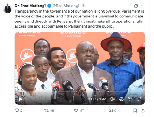 Former Interior Cabinet Secretary Fred Matiang’i post on Friday, May 22, 2026. PHOTO/Screengrab by People Daily/@RealMatiangi/X