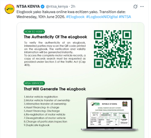 The National Transport and Safety Authority (NTSA) X post on May 22, 2026. PHOTO/Screengrab by People Daily Digital/@ntsa_kenya/X